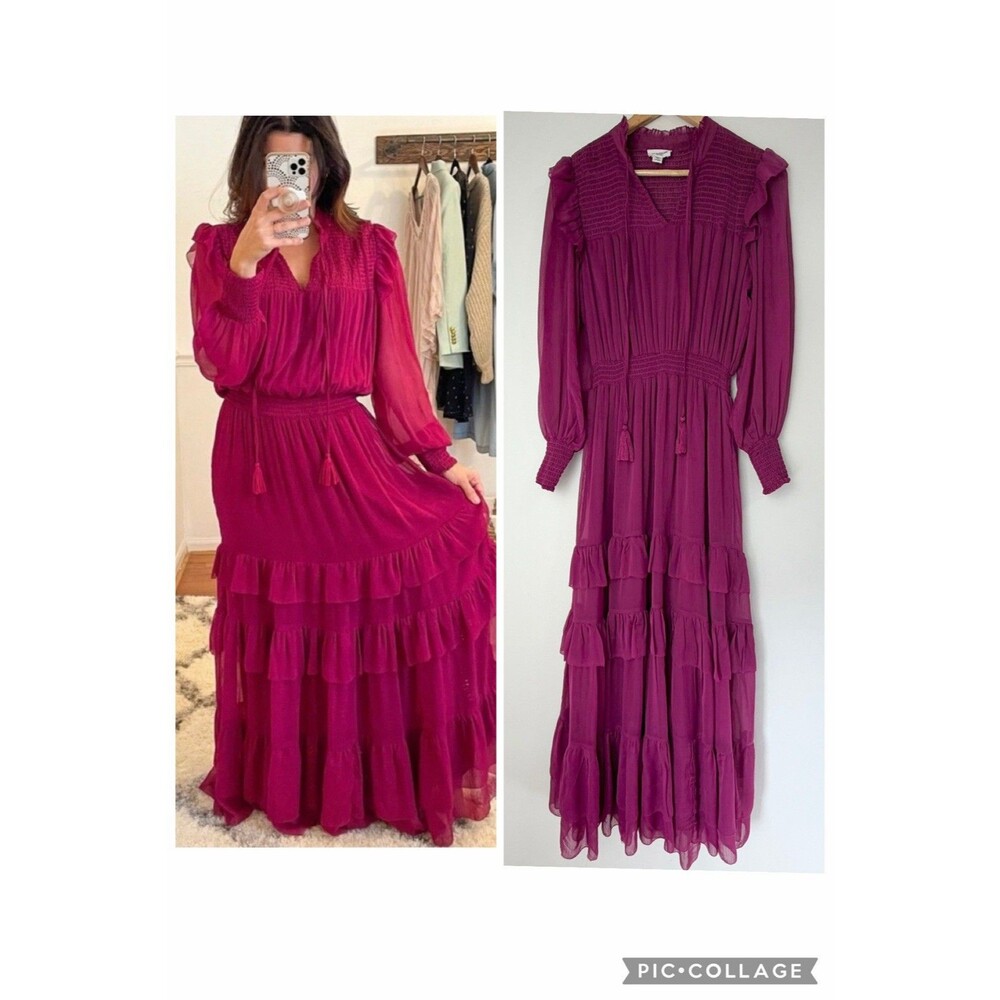 Allison New York Long Sleeve Smocked Maxi Dress Magenta Pink Ruffles Women’s XS
